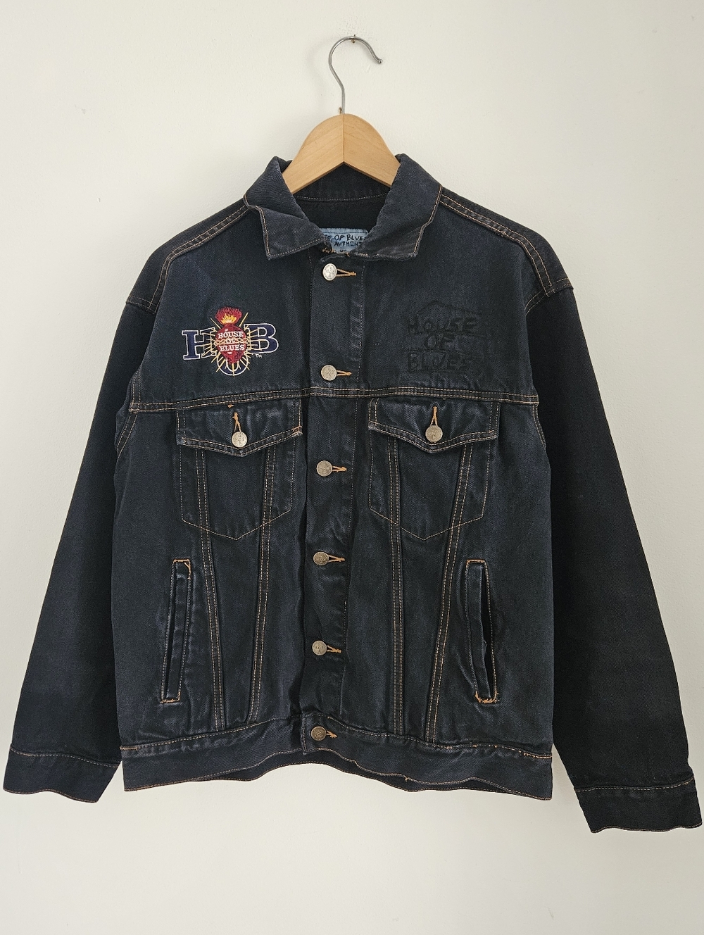 Vintage House of Blues Denim Jacket Mens Small Embroidered Logo Trucker USA